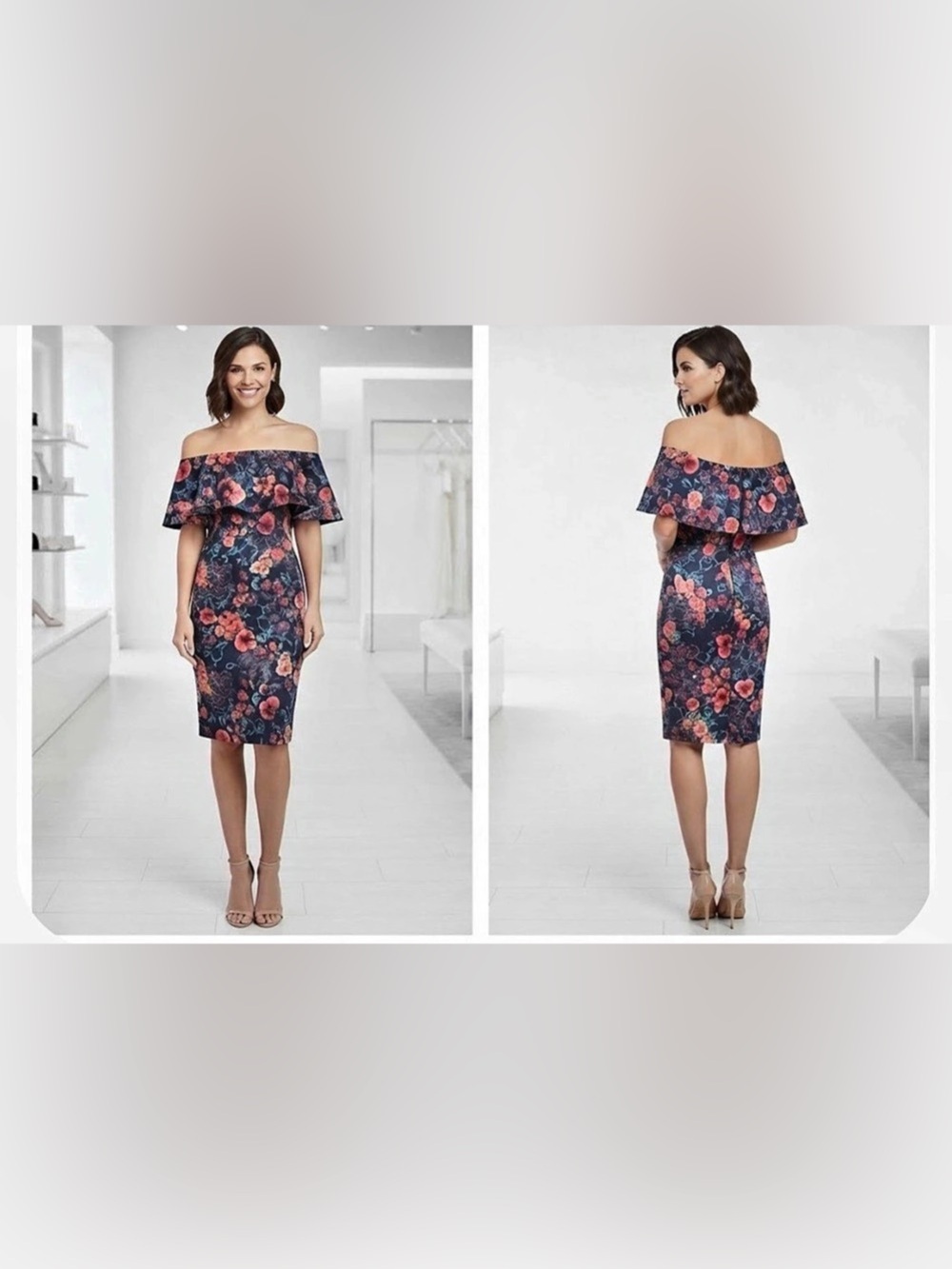 Badgley Mischka Floral Off-Shoulder Midi Dress Size 2 Like New